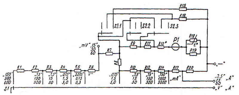 Схема электрическая принципиальная Вольтампермаетра М2051