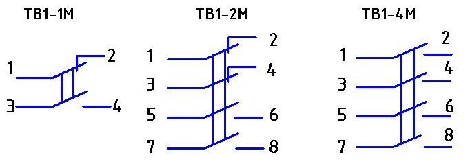 Рис. 2 - Электрические схемы коммутации ТВ1-1M, ТВ1-2, ТВ1-4M